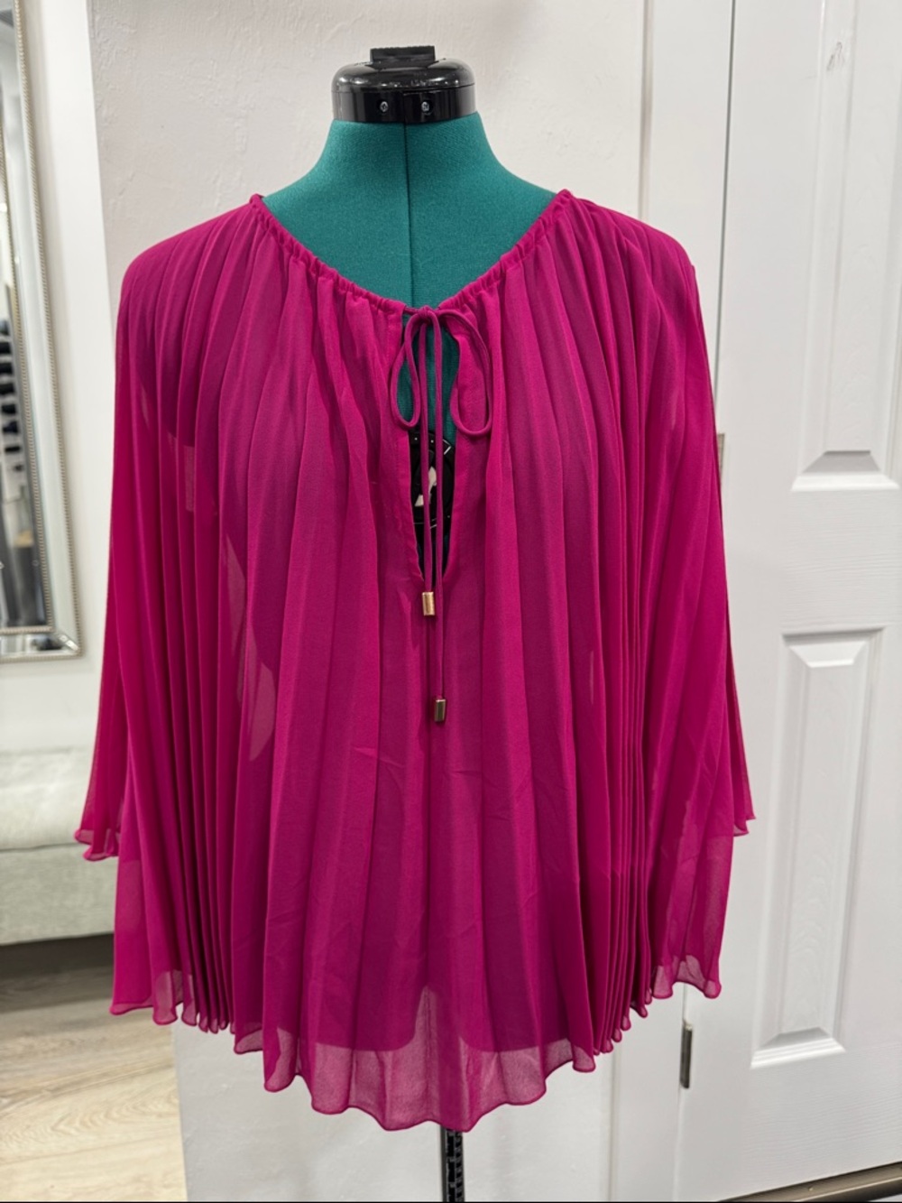 Zara Pleated Fuchsia Tie-Neck Tunic blouse